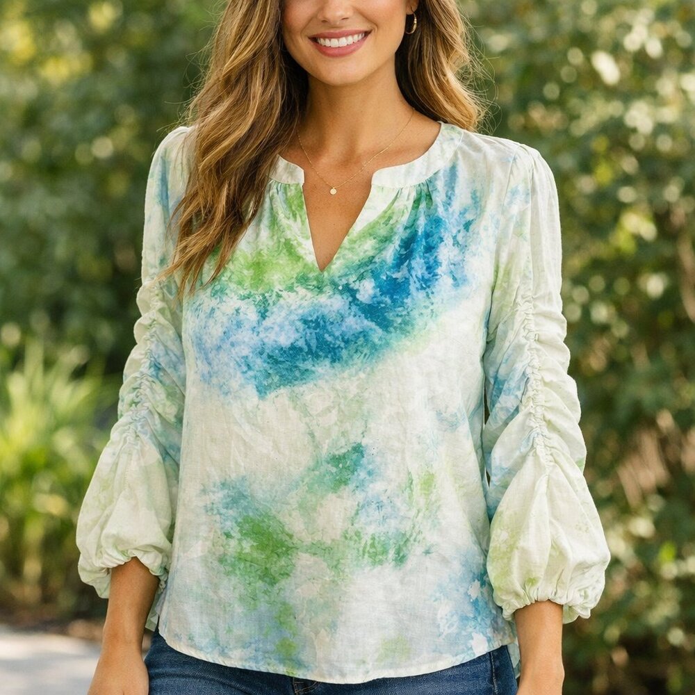 Rose + Olive Women's Tie-Dye Blouse - Blue and Green Sz. M